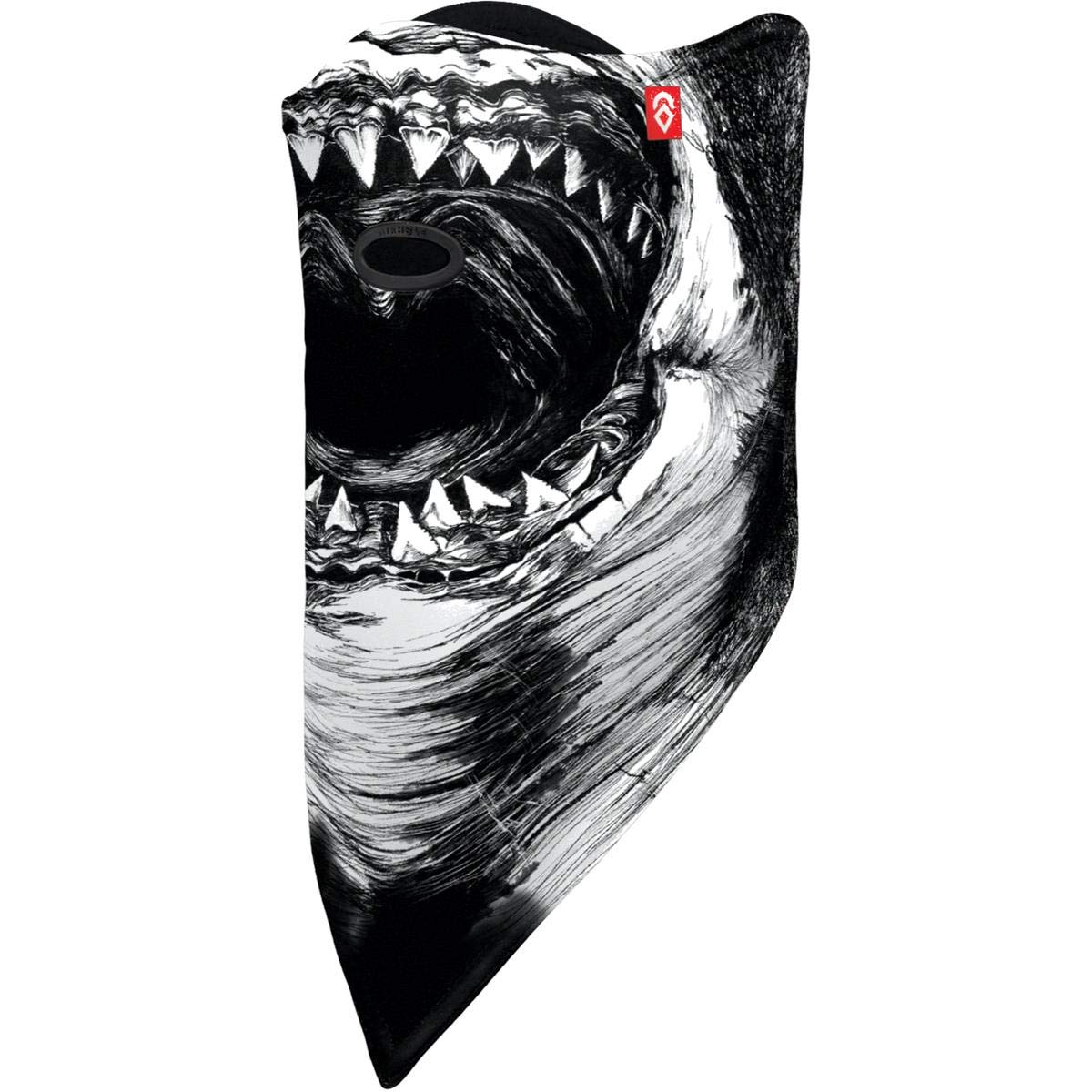 Sports face mask, bold black and white animal-style graphic with logo patch and oval opening