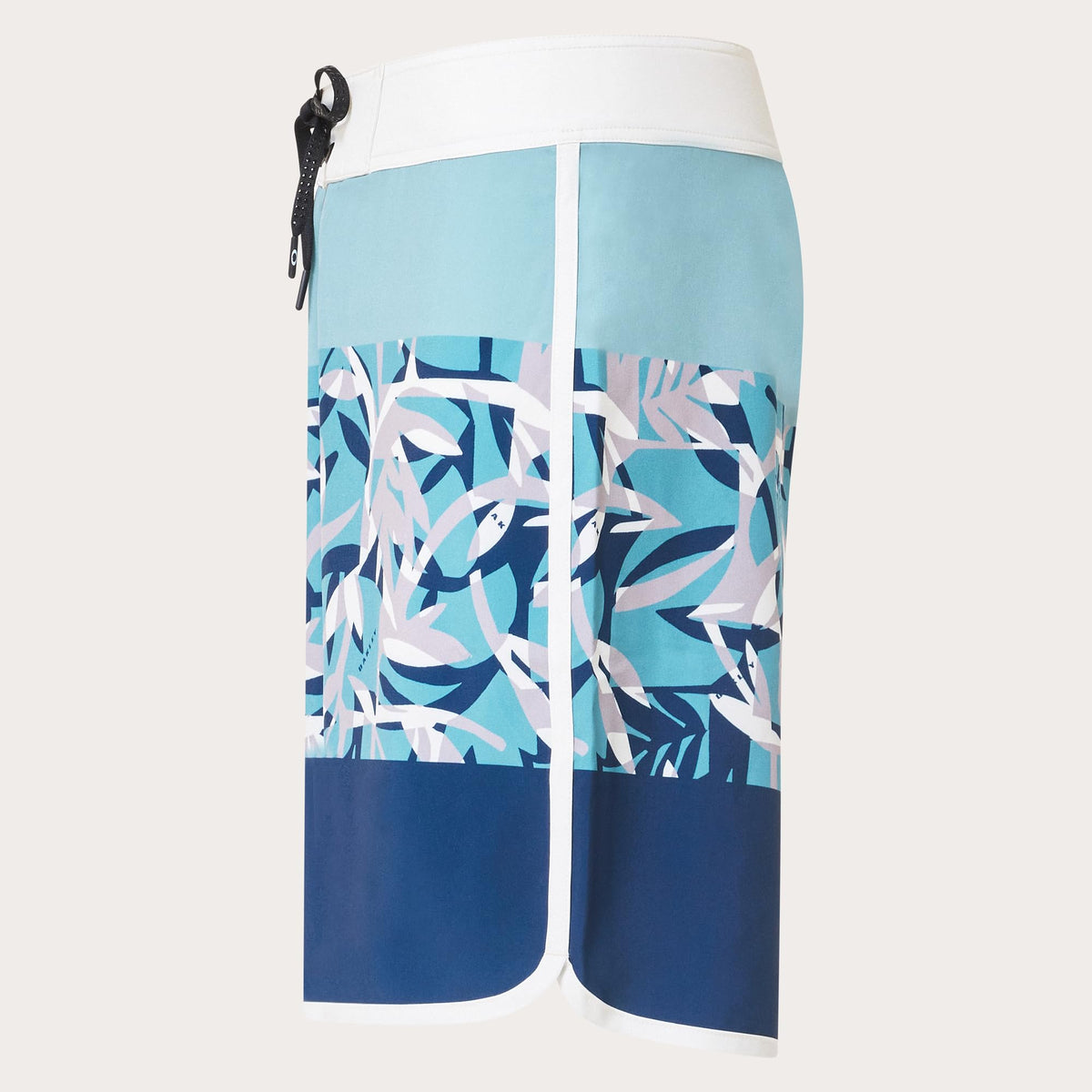 Men's Oakley 19-in board shorts back view, light blue and navy abstract print