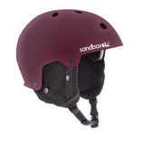 Burgundy matte snow helmet with removable ear pads and chin strap