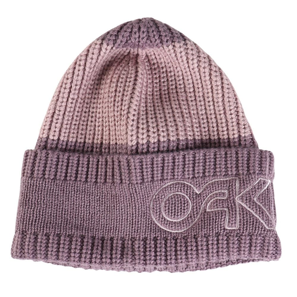 Purple cuffed knit beanie with raised Oakley logo on front