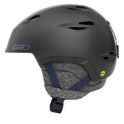Spherical snow helmet in matte black with blue internal padding and vents