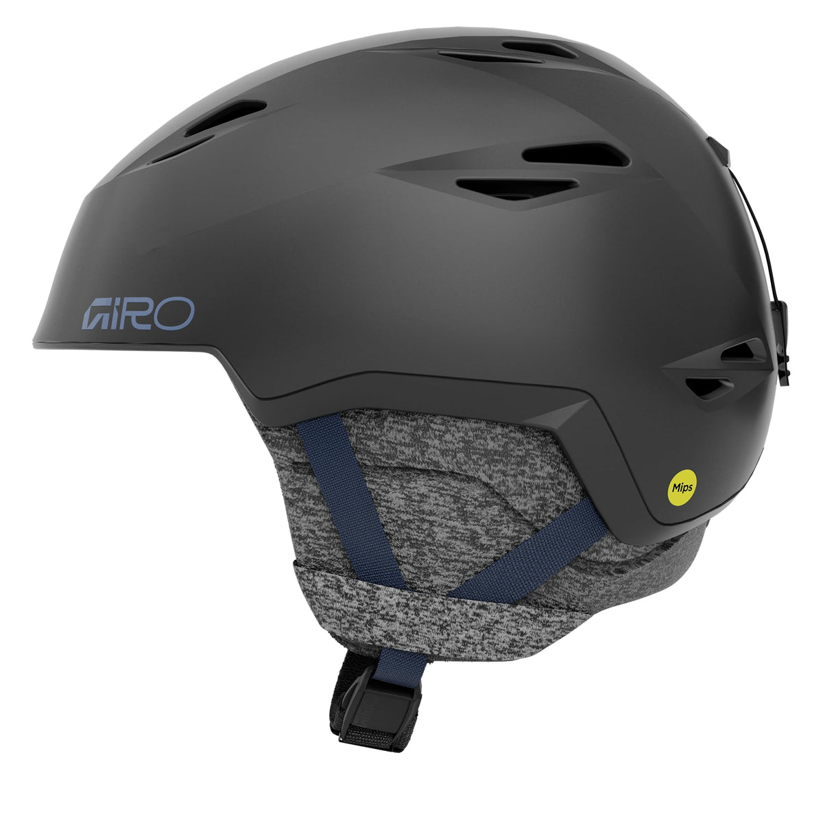 Spherical snow helmet in matte black with blue internal padding and vents