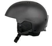 Matte black snow helmet side view with ventilation ports and padded chin protector
