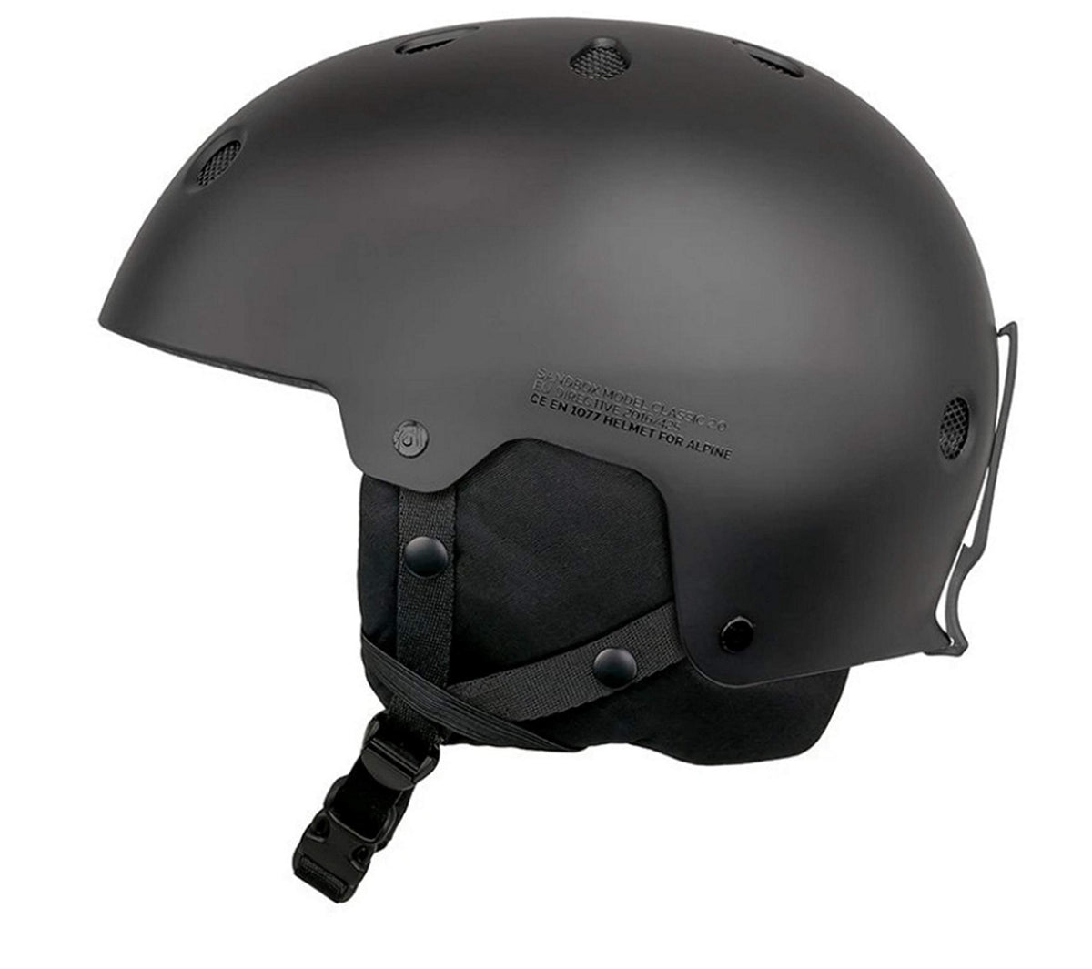 Matte black snow helmet side view with ventilation ports and padded chin protector