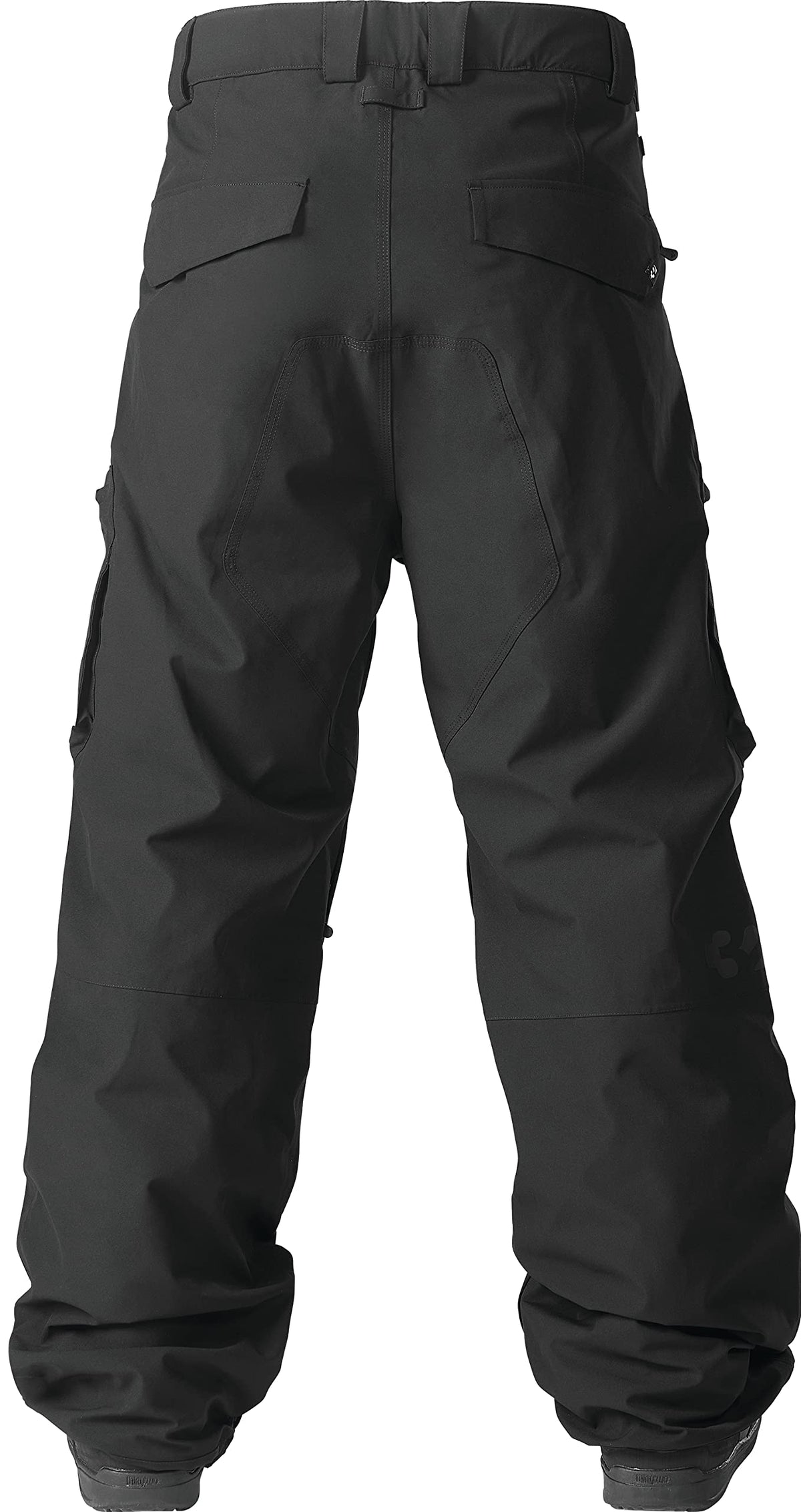 Men's snow sport pants in black with dual cargo flap pockets and cuffed hems
