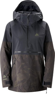 Women’s mountain surf anorak with hood, dark camo print, front half-zip and side pocket