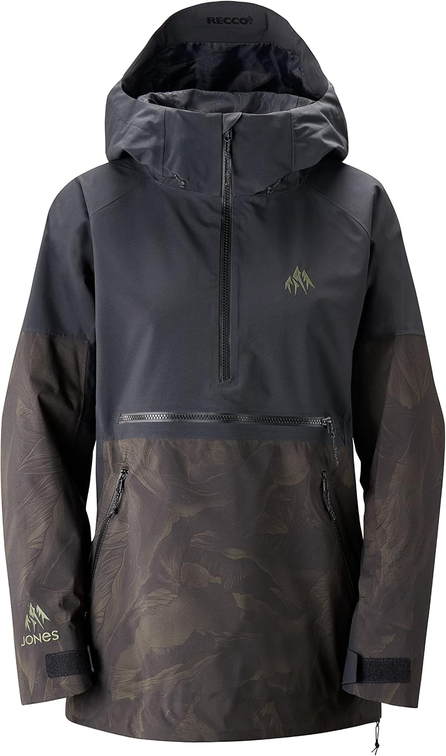 Women’s mountain surf anorak with hood, dark camo print, front half-zip and side pocket