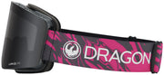 Snow goggles with black lens and pink graphic strap, black frame
