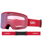 Red snow goggles with mirrored lens and GIRO-branded red strap