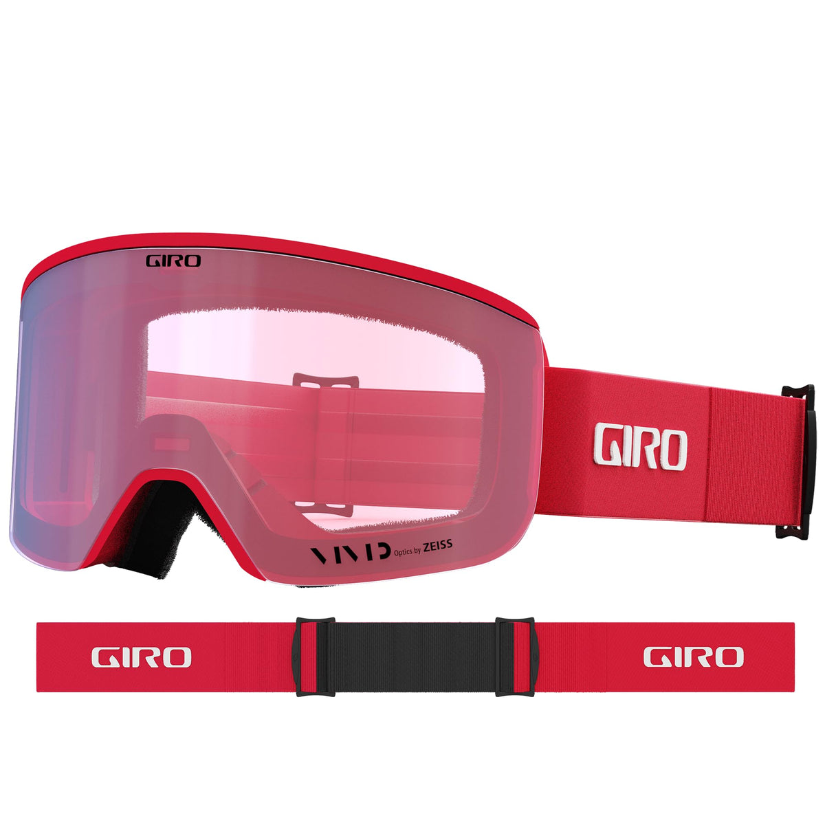 Red snow goggles with mirrored lens and GIRO-branded red strap