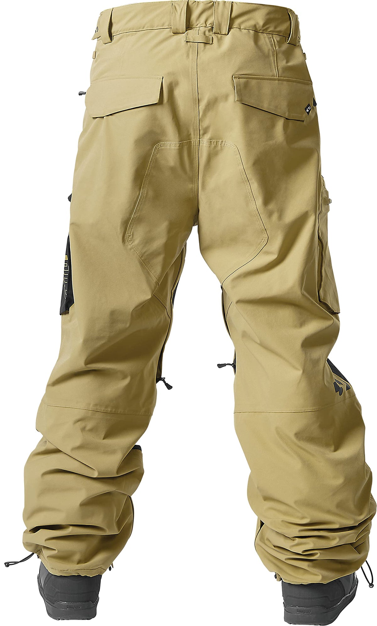 Men's snow sport pants in tan with cargo pockets and adjustable cuffs