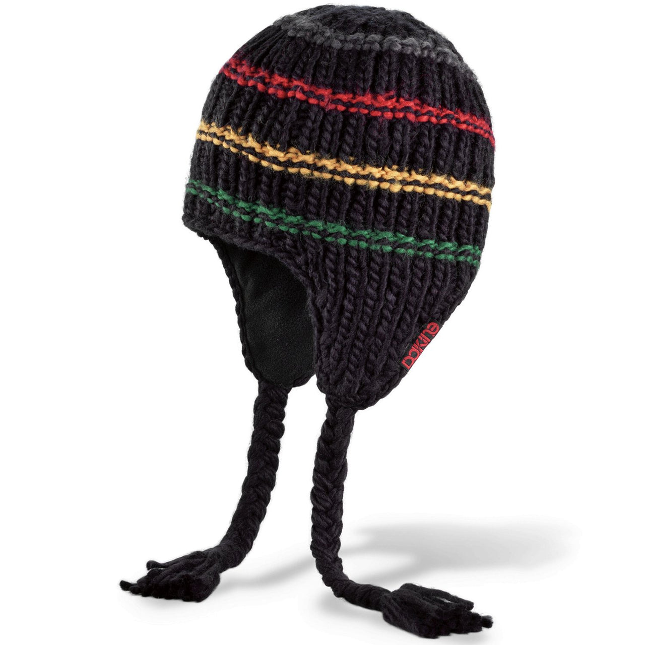 Knit earflap beanie hat with Rasta stripe band, dark knit and long ties