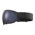 Black snow goggles with grey tinted lens and adjustable strap