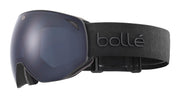 Black matte snow goggles with grey mirrored lens and wide strap