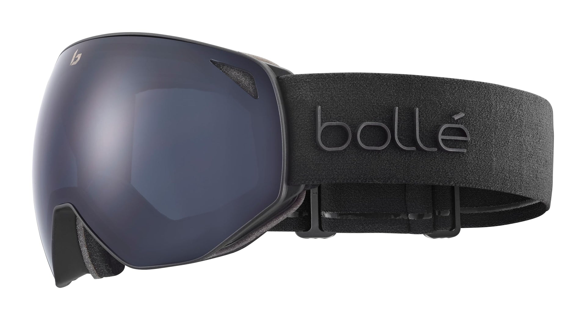 Black matte snow goggles with grey mirrored lens and wide strap