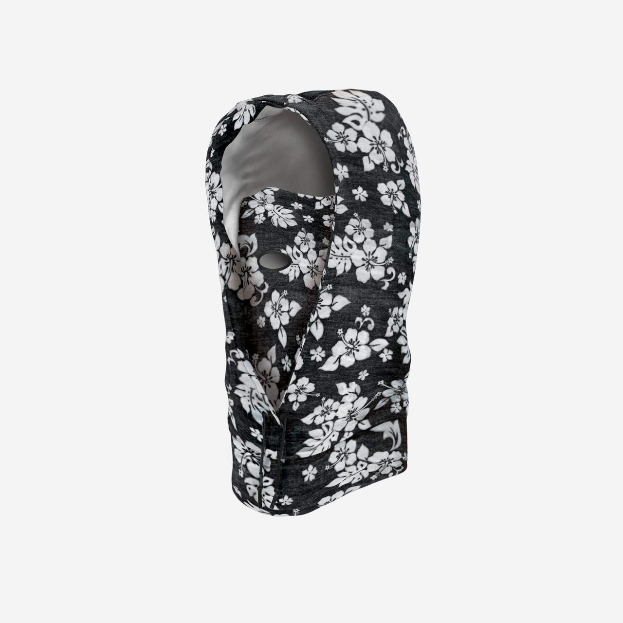 Black balaclava headwear with white floral print and foldable face opening