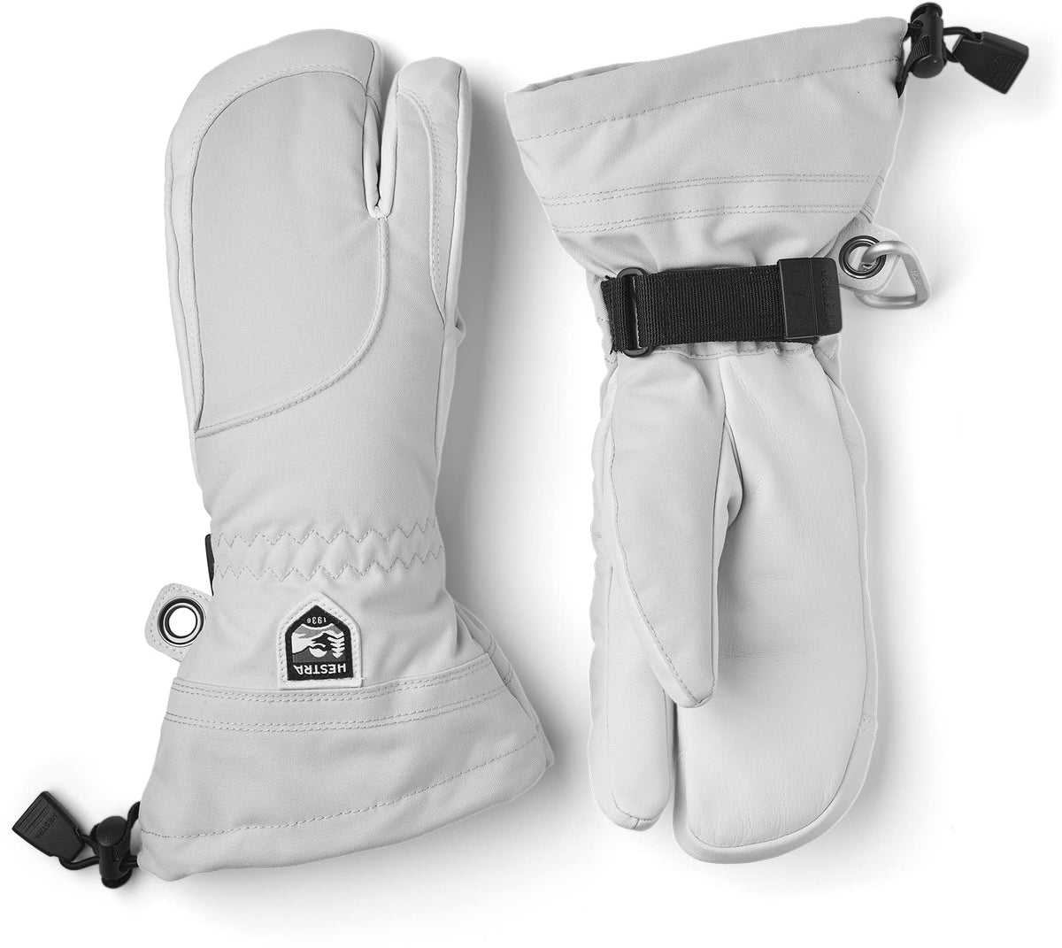 Women's ski gloves in off-white with wrist strap and protective padded knuckle area