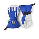 Hestra junior ski gloves in blue and white with wrist strap, pull loop, and patch