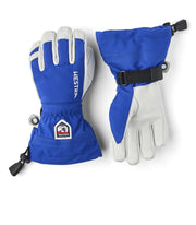 Hestra junior ski gloves in royal blue with white palm, wrist strap and pull loop