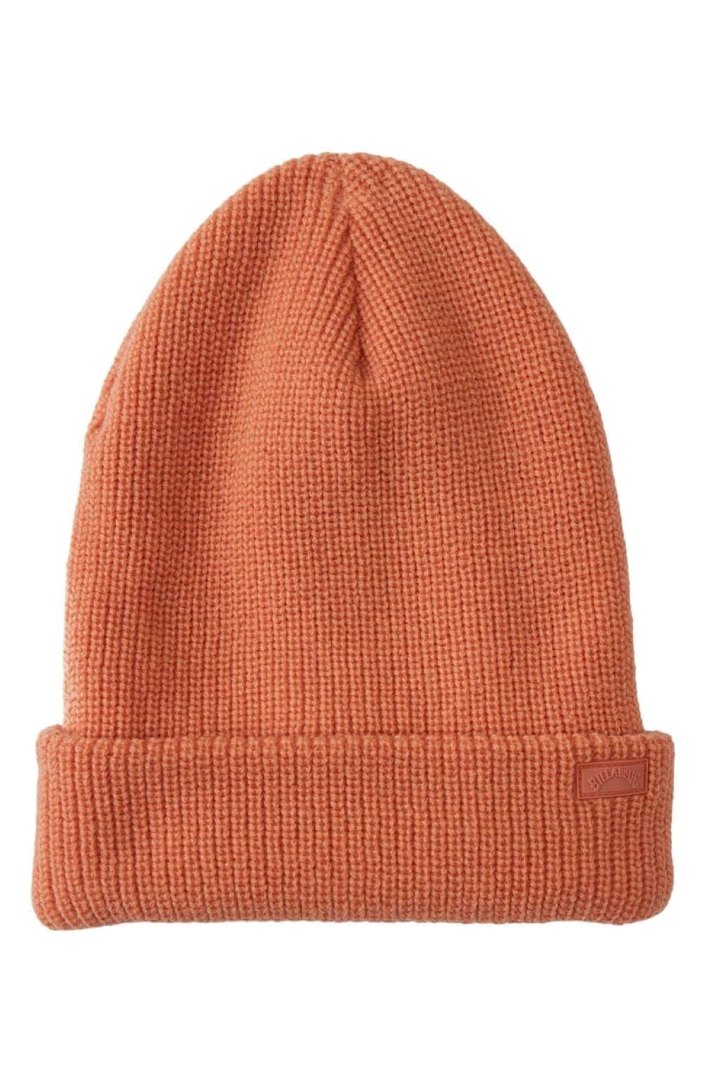 Amber knit beanie hat with ribbed cuff and woven logo patch