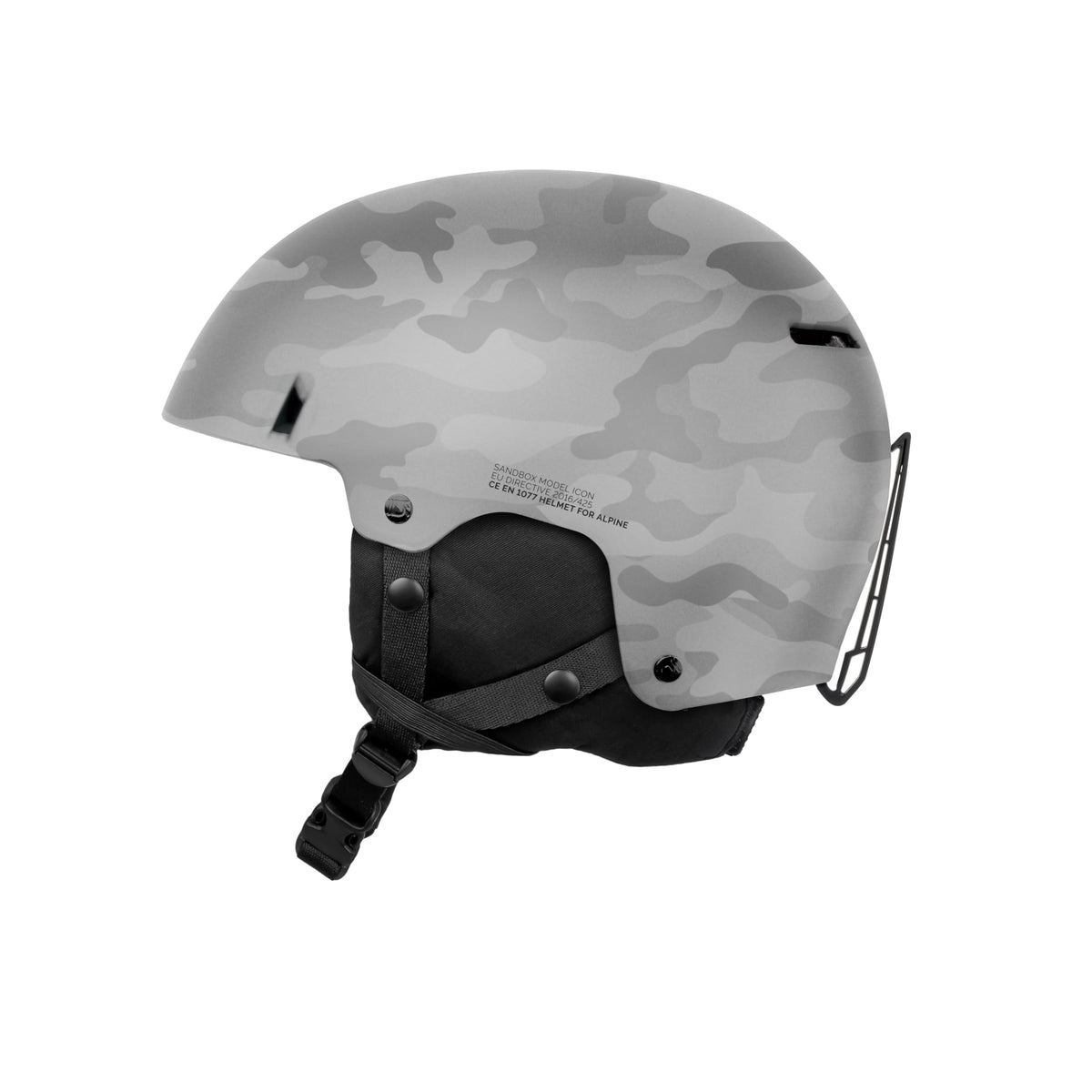 Gray camo snow helmet with black chin strap and side vent