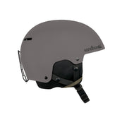Medium gray snow helmet with black chin strap and padded front panel