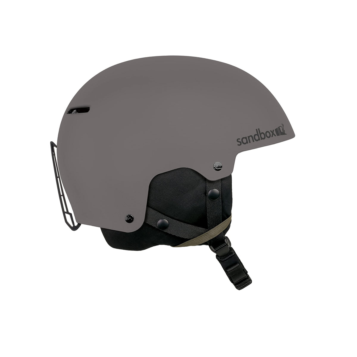 Medium gray snow helmet with black chin strap and padded front panel