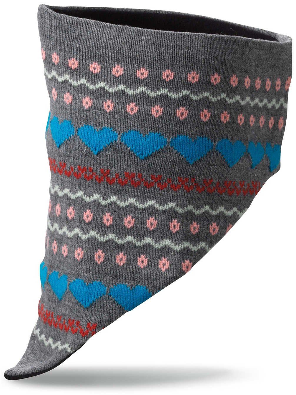 Charcoal gray knit headwear with pink and blue geometric heart pattern
