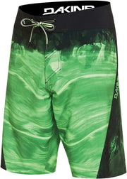Men's resin boardshorts in dark and bright green abstract print, lace-up waistband.