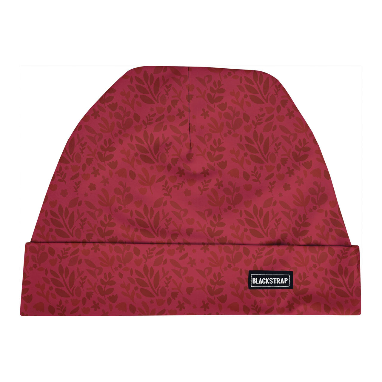 Maroon leaf-pattern beanie hat with BLACKSTRAP logo patch at cuff