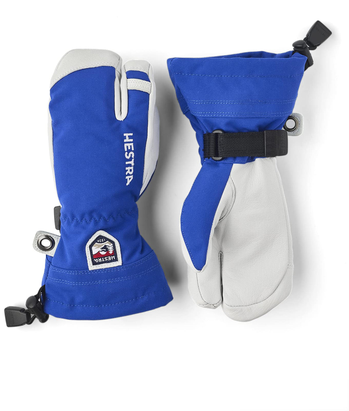 Royal blue and white junior ski mittens with wrist strap and logo patch