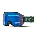 Snow goggles with blue mirrored lens and SMITH logo strap patch