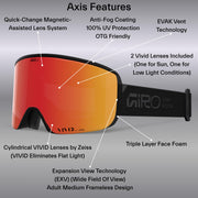 Snow goggles with red-orange mirrored lens and black frameless face foam
