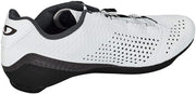 White Giro road cycling shoes side view with black heel, perforations, and dual BOA dials.