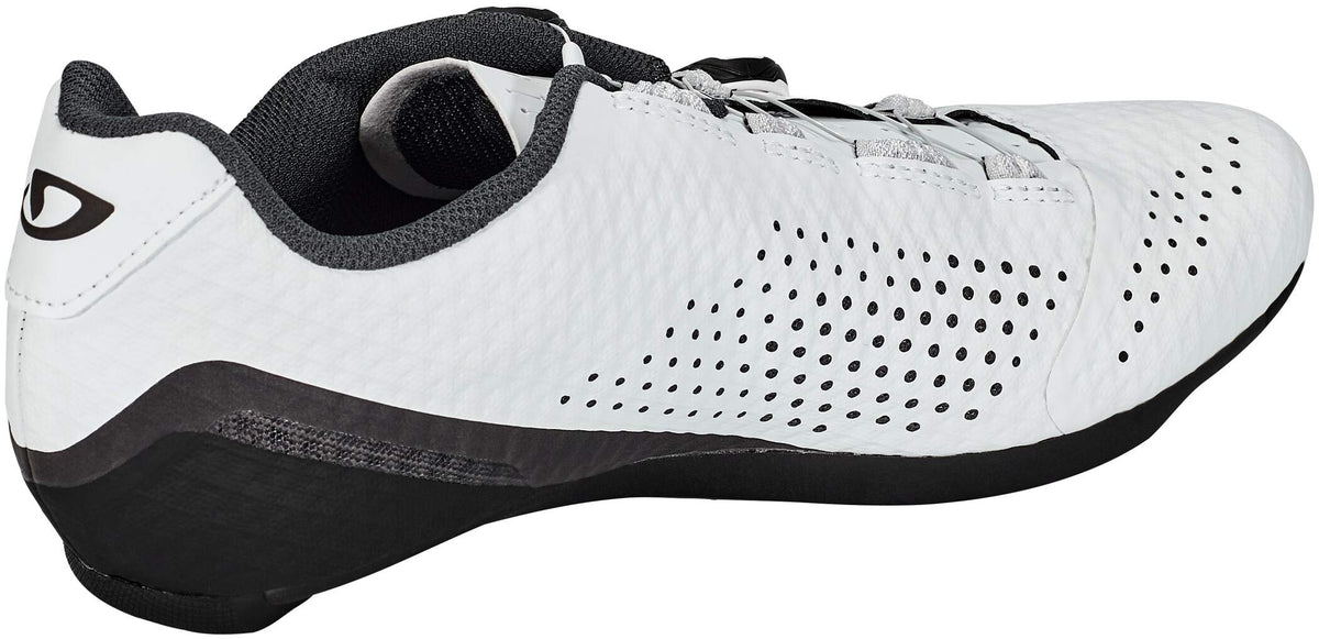 White Giro road cycling shoes side view with black heel, perforations, and dual BOA dials.