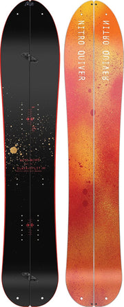 Splitboard with black deck and orange deck, visible split design and markings