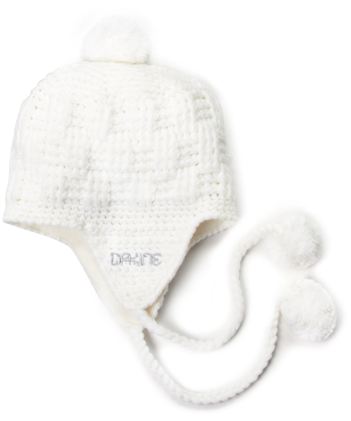 Dakine women's knit beanie in off-white, chunky rib with earflaps and pom-pom ties