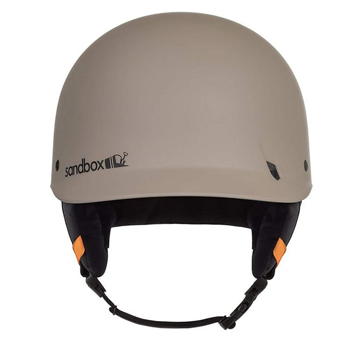 Taupe matte snow helmet back view with adjustable chin strap