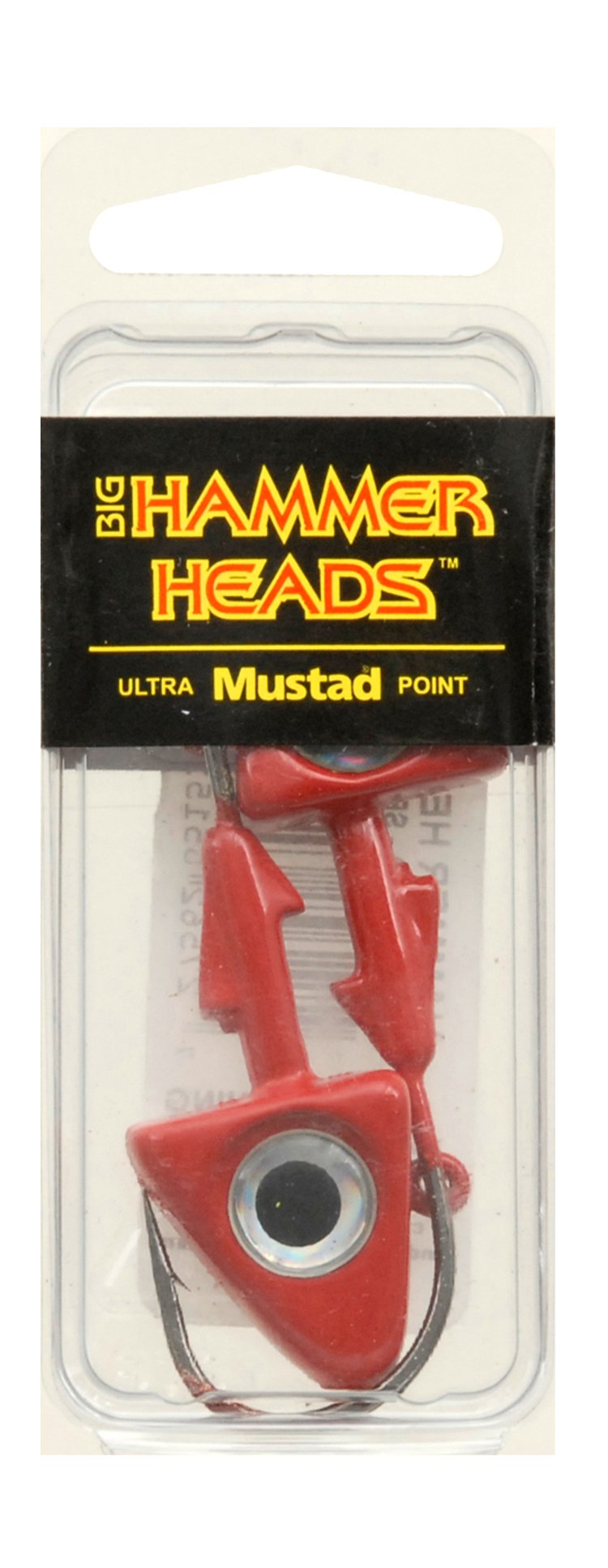 Red fishing jig head with large eye, packaged in a blister card