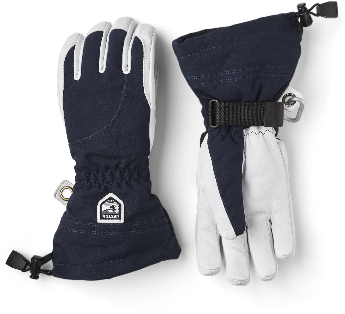 Hestra women’s heli-ski gloves in navy with offwhite fingers, cuff strap and toggle