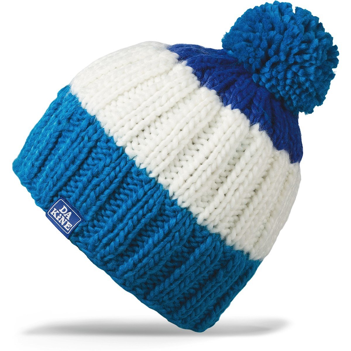 Dakine Farley knit beanie in blue and white with pom-pom and woven logo patch