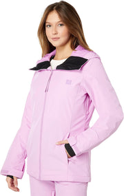 Billabong women's lavender snow jacket with full zip, hood, and black collar lining