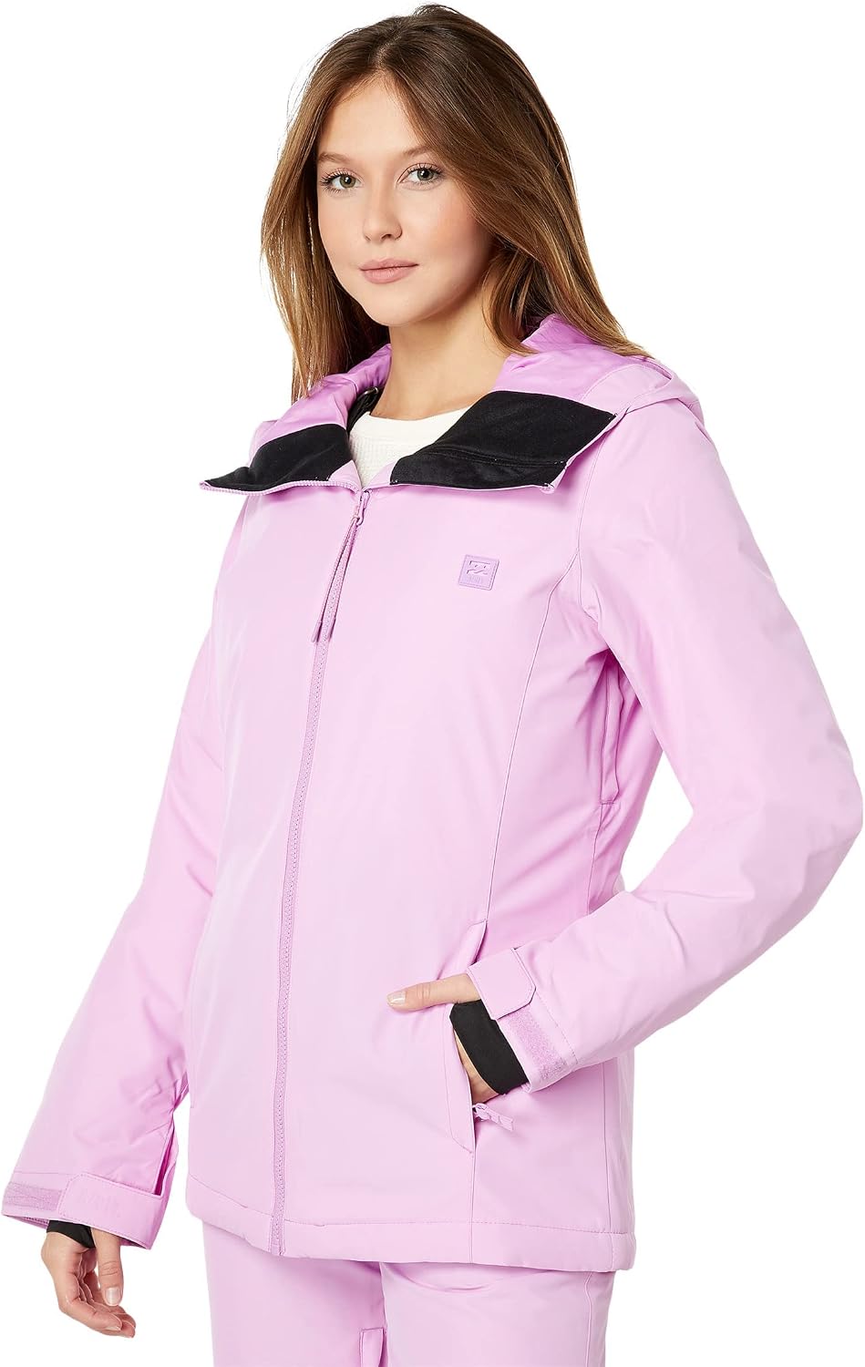 Billabong women's lavender snow jacket with full zip, hood, and black collar lining