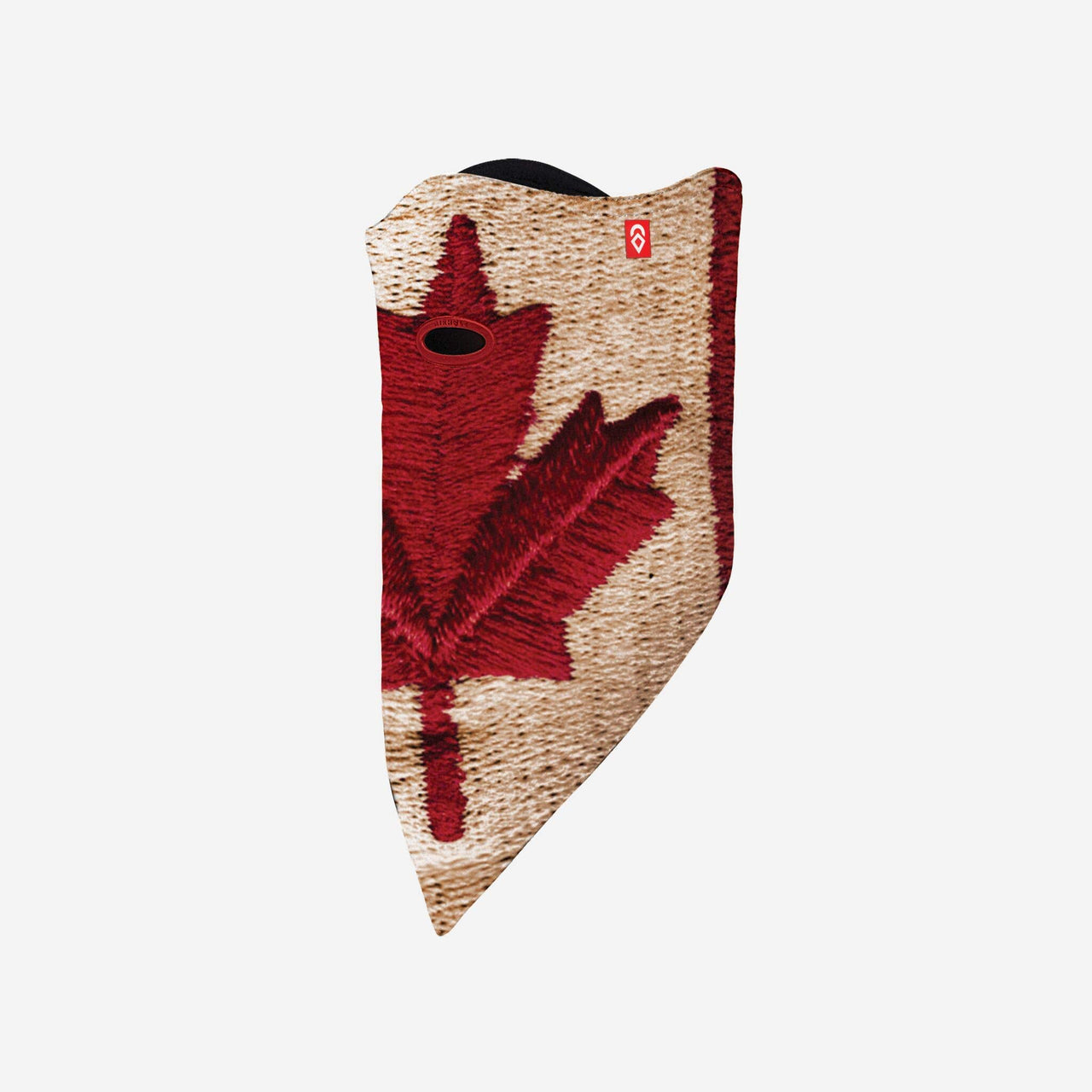 Knit headwear with beige and red Canada maple leaf design and black edge trim