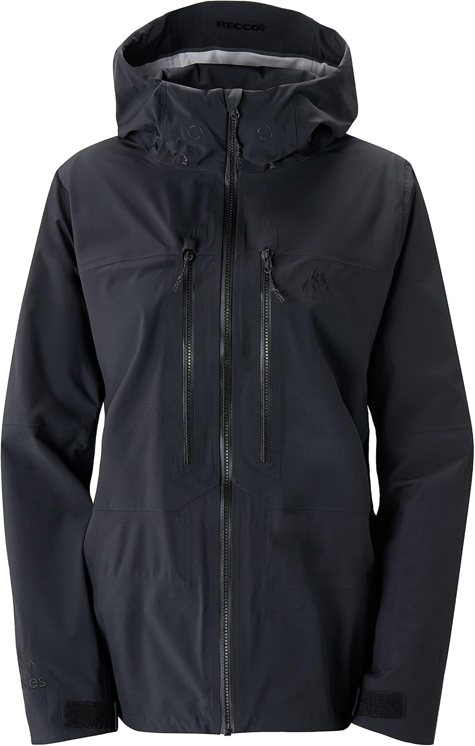 Black hooded waterproof stretch 3L jacket with full-length zip and front pockets