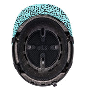 Snow helmet interior with black ear pads and turquoise patterned lining; back shell shown.