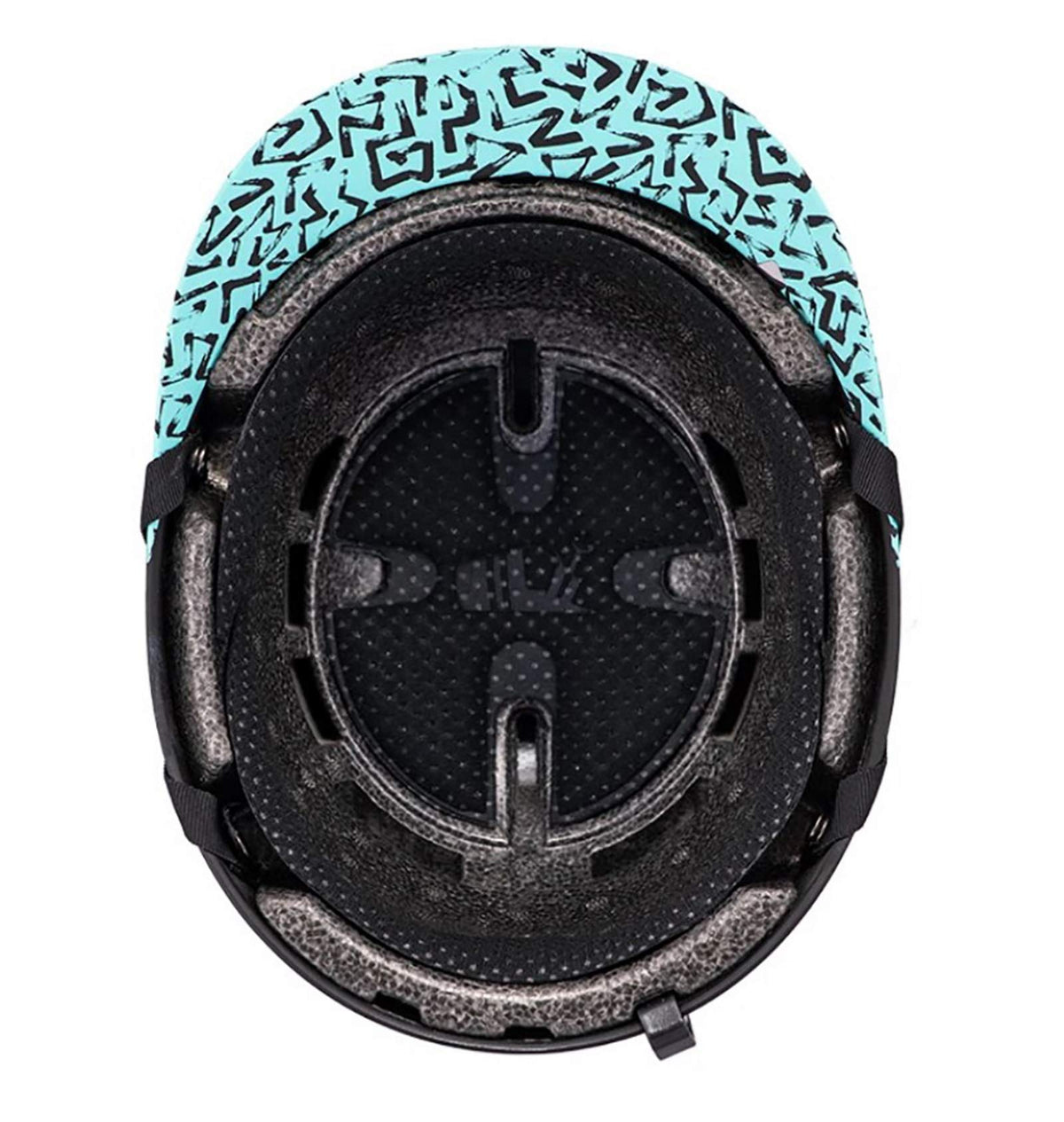 Snow helmet interior with black ear pads and turquoise patterned lining; back shell shown.