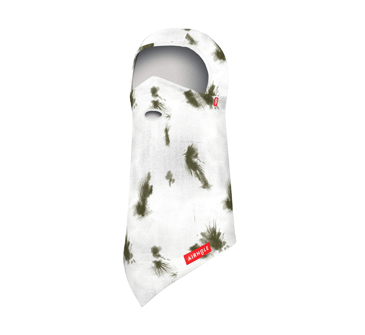 Camo balaclava with white base and dark green leaf patterns, hood with face opening