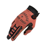 Youth motocross gloves, rust orange with black palm and text graphic