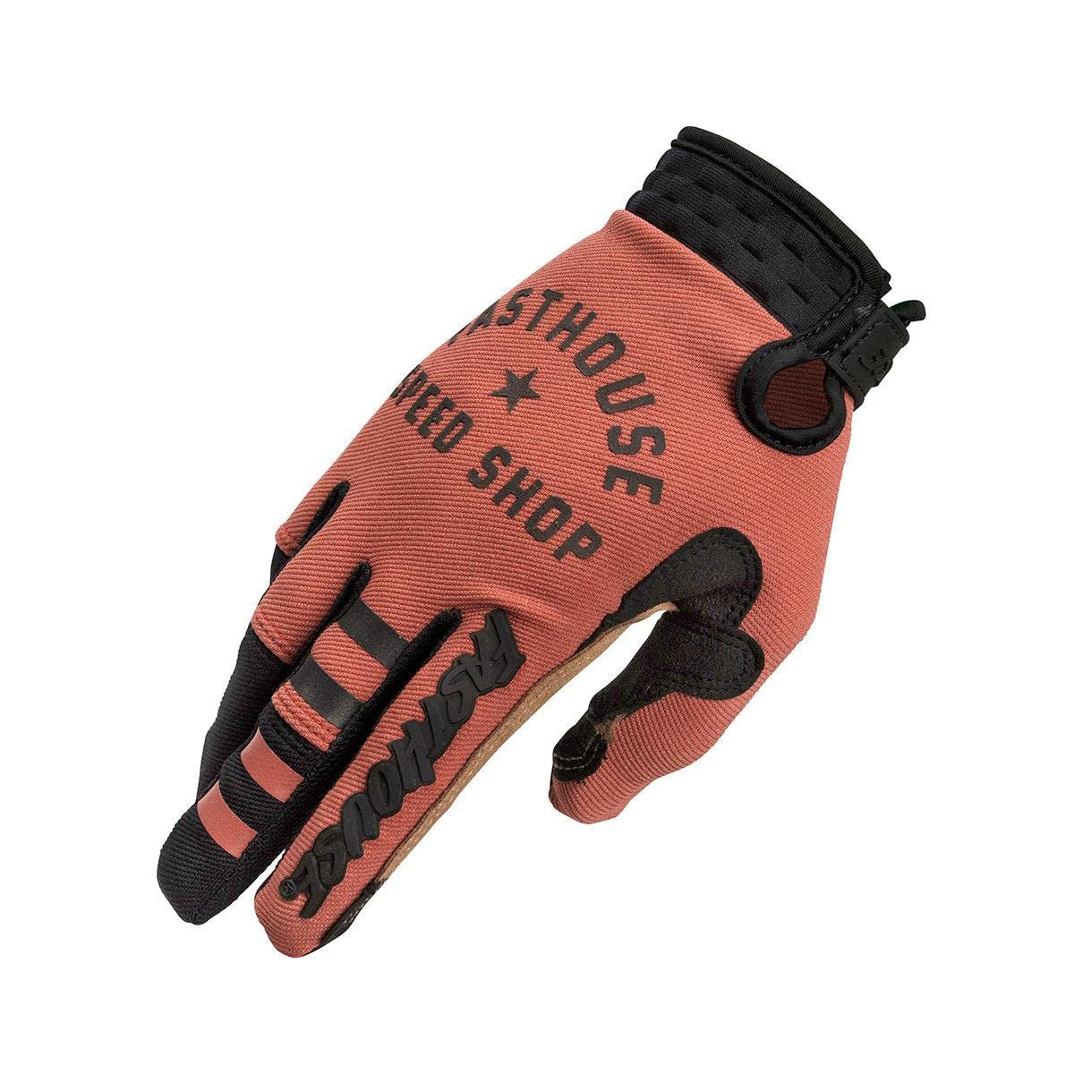 Youth motocross gloves, rust orange with black palm and text graphic